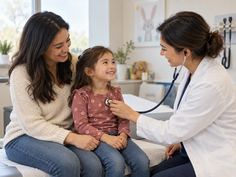 Family physician examining a child with a parent present