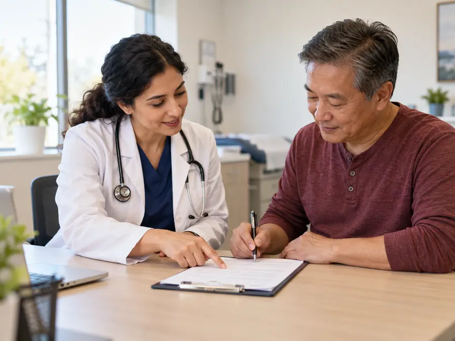 Physician helping a patient complete a medical form