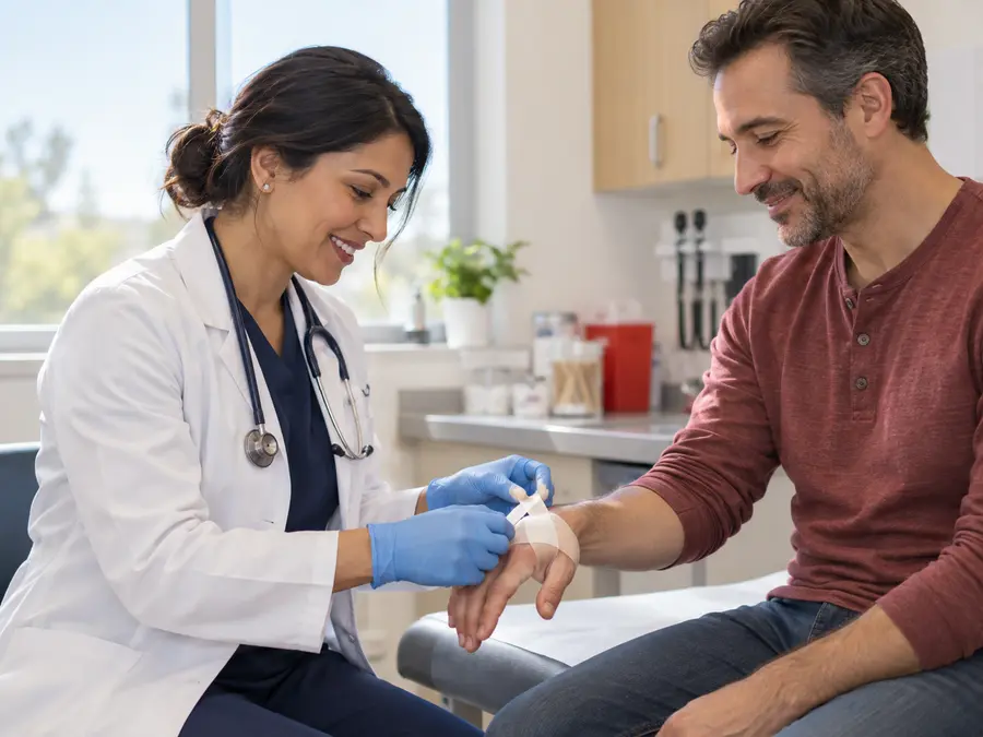Clinician applying a bandage after a minor office procedure
