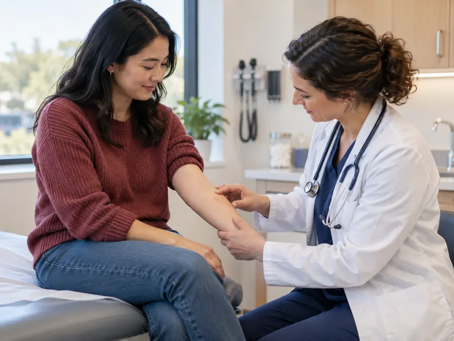 Clinician checking a patient’s forearm during a TB testing visit