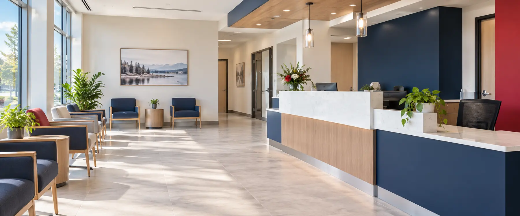 Bright, welcoming medical clinic reception and waiting area